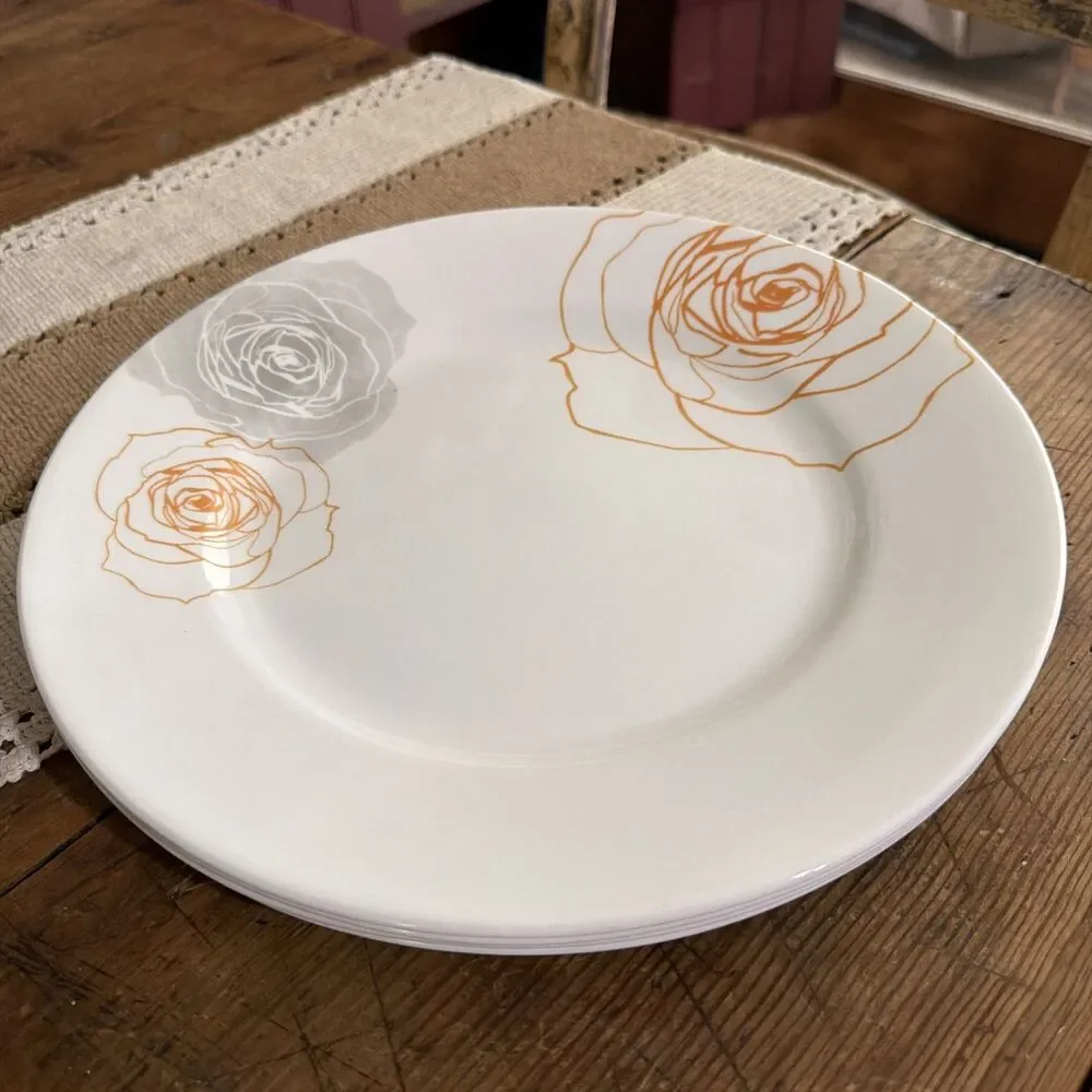 VINTAGE Corelle Dinner Plates SOLEIL ROSE Gray Orange Roses on White 4-Pc Set